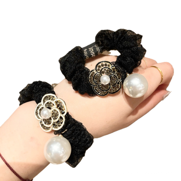 Korean Pearl 5 Black Lace Scrunchies Camellia Hair Tie Elastic Band Ring Cute Girl Ponytail Head Rope Rubber